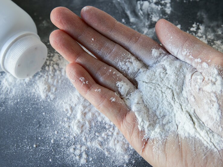  Hand, auf deren Fingern sich Babypuder befindet. Im Hintergrund ist eine umgestürzte Flasche mit Babypuder zu erkennen, aus der etwas Puder auf die Oberfläche gestreut wurde.