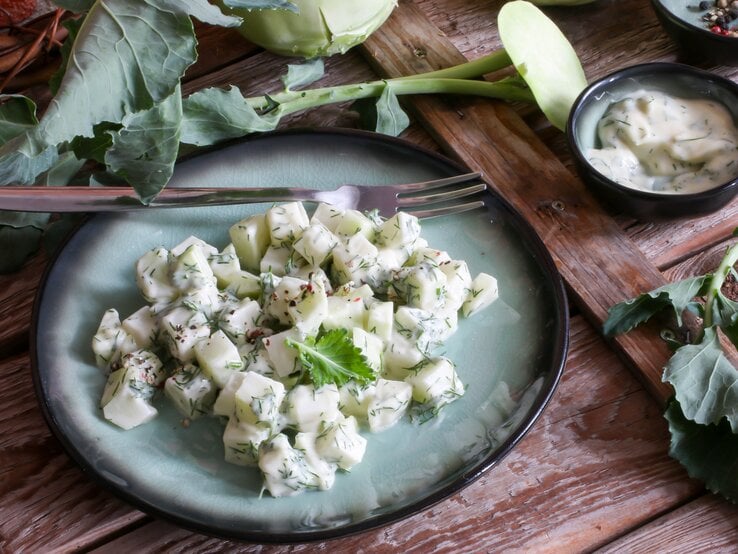 Schräge Draufsicht: ein blau-schwarzer Teller Kohlrabi-Joghurt-Salat steht auf einem dunklen Holztisch. Drum herum liegt frischer Kohlrabi. Und danaben ist ein Schälchen mit einer cremigen Soße. | © Shutterstock / Foxxy63