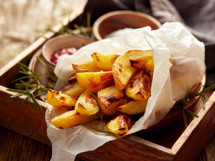 Eine Portion Kohlrabi-Pommes, eingewickelt in eine Papiertüte, auf einem Holztablett. Daneben Schälchen mit Dips.