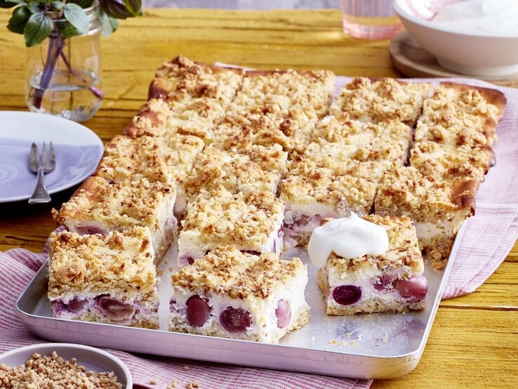 Blechkuchen als Käsekuchen mit Streuseln und Traubenfüllung mit einer Haube aus Sahne auf einem rosaroten Tuch, daneben Blumen 