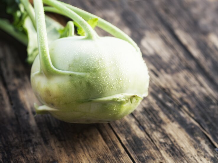 1 Kohlrabi (200 g) hat 50 kcal. Kommt 1 EL Kräuterquark (30 % Fett) hinzu, kommen Sie auf 80 kcal. | © iStock/SilviaJansen