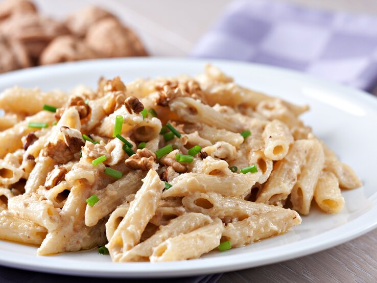 Penne in cremiger Walnusssoße auf weißem Teller. 