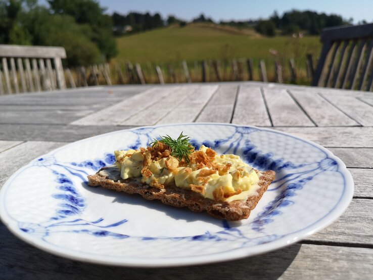 Scheibe Knäckebrot belegt mit dänischem Eiersalat. Dahinter eine dänische Landschaft.