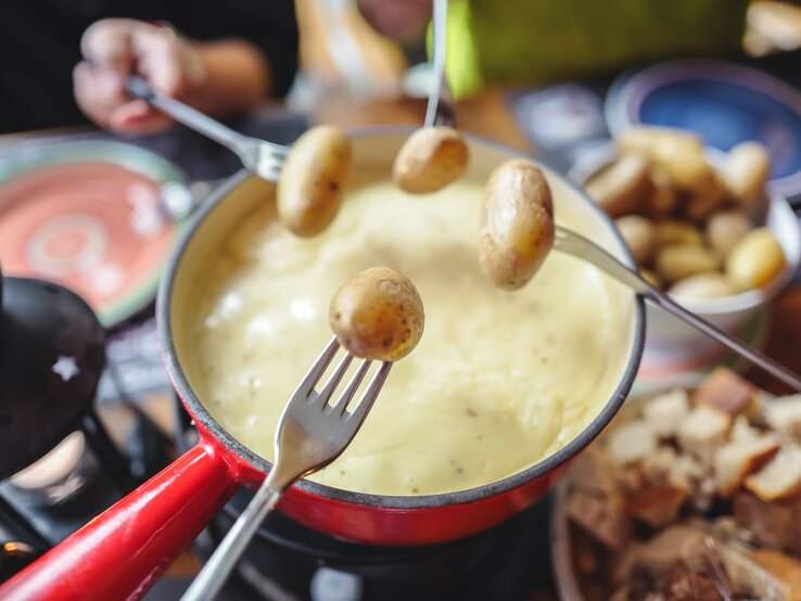 Kartoffeln werden in Käsefondue getaucht.