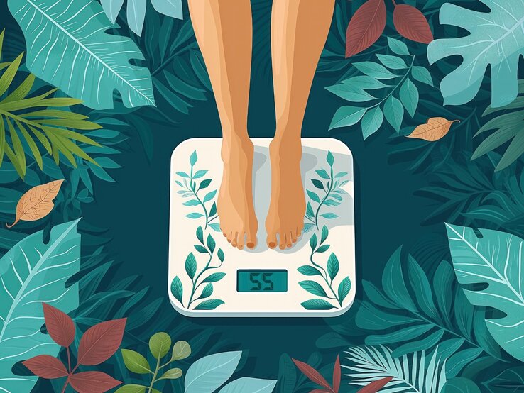 gewicht-verlieren-abnehmen.jpg Illustration: Eine Person steht barfuß auf einer digitalen Waage, die 55 kg anzeigt. Die Waage ist mit Pflanzenmotiven verziert. Um die Waage herum sind große, bunte Blätter und Pflanzen in verschiedenen Grüntönen und herbstlichen Farben arrangiert.