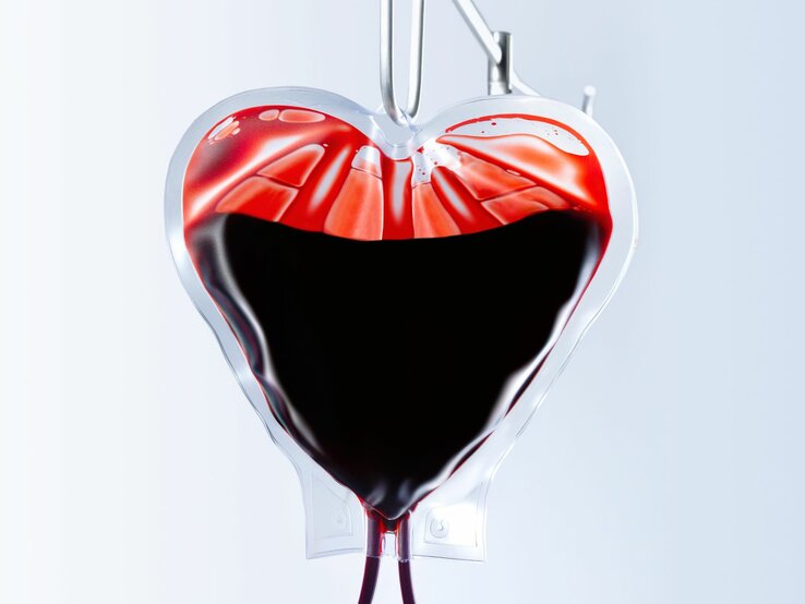 Herzförmiger Blutbeutel, gefüllt mit dunklem Blut, hängt vor einem weißen Hintergrund.