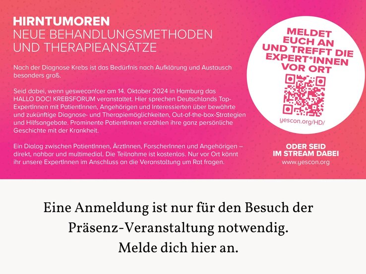 Flyer der Veranstaltung von "Hallodoc Krebsforum" mit den Anmeldebedingungen. | © HALLO DOC! Krebsforum