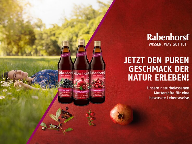 Rabenhorst-Werbung mit Muttersäften und dem Slogan „Jetzt den puren Geschmack der Natur erleben“ neben einer Frau auf einer Wiese.