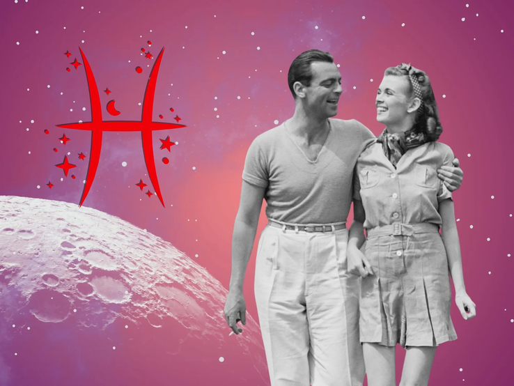 12-liebeshoroskop-fische.webp Liebeshoroskop für das Sternzeichen Fische: llustration eines Paares vor einem pink-lilafarbenen Weltraumhintergrund mit Sternenhimmel und Mond. Links im Bild ist das rote Symbol Tierkreiszeichens Fische.
