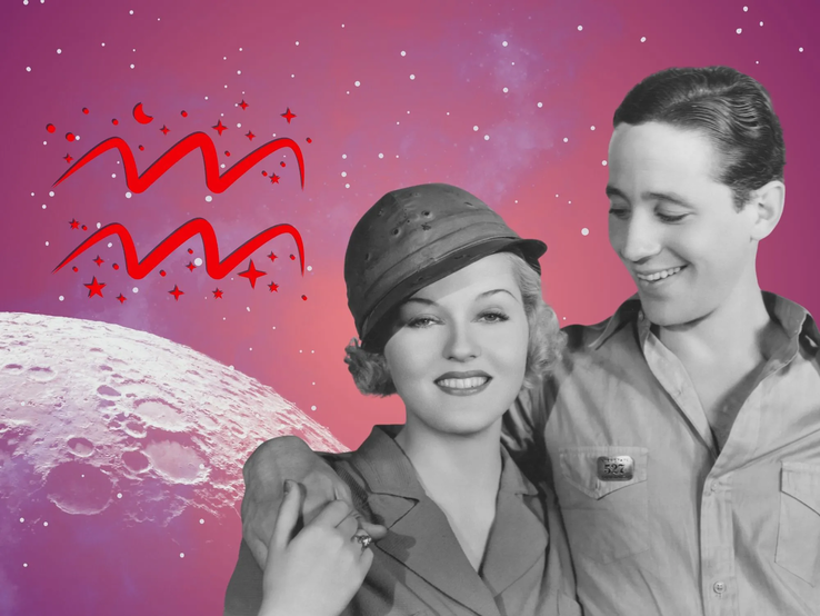 11-liebeshoroskop-wassermann.webp Liebeshoroskop für das Sternzeichen Wassermann: llustration eines Paares vor einem pink-lilafarbenen Weltraumhintergrund mit Sternenhimmel und Mond. Links im Bild ist das rote Symbol Tierkreiszeichens Wassermann.