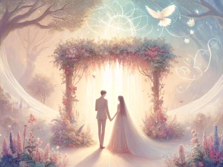 Ein romantisches, traumhaftes Szenario mit einem Brautpaar in einem üppigen, verzauberten Garten unter einem Blumenbogen. Die Szene ist in sanften Pastellfarben gehalten, mit sanftem Licht, das durch die Bäume filtert. Das Paar sieht glücklich und verliebt aus, umgeben von Symbolen der Liebe und Einheit wie ineinandergreifenden Ringen, Tauben und blühenden Blumen, was der Atmosphäre einen Hauch von Fantasie und Magie verleiht.