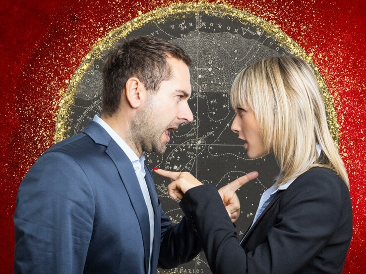 Ein Mann und eine Frau in Businesskleidung stehen sich gegenüber und streiten heftig. Beide zeigen mit ihren Fingern aufeinander. Im Hintergrund ist ein roter Kreis mit goldenen Glitzereffekten und einem Sternenkartenmuster zu sehen.