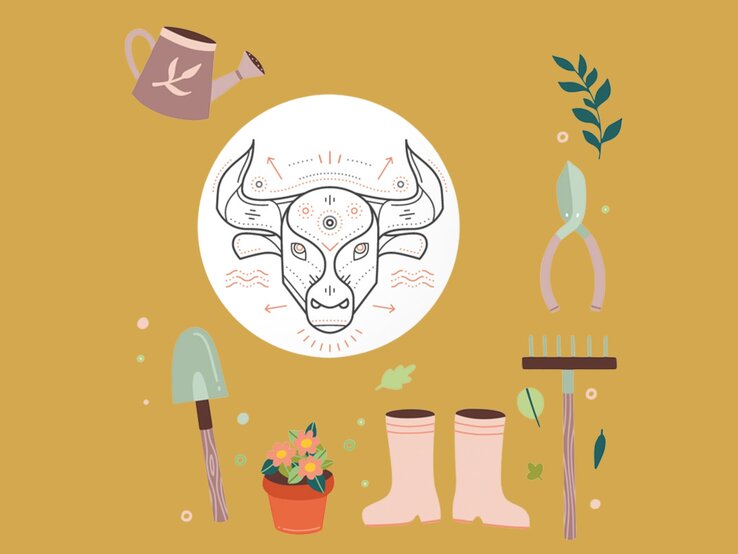 Vor einem senfgelben Hintergrund ist das Symbol des Sternzeichens Stier als stilisierte Illustration zu sehen. Um das Symbol sind Gartenwerkzeuge wie eine Gießkanne, eine Schaufel, eine Gartenschere, ein Rechen, Gummistiefel und ein Blumentopf mit Blumen arrangiert. Diese Objekte symbolisieren Achtsamkeit, Erdverbundenheit und Pflege, passend zum praktischen und naturverbundenen Charakter des Stiers.