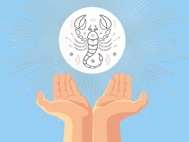 Illustration von zwei geöffneten Händen, die in Richtung einer strahlenden Sonne gehalten werden, in der das Symbol des Skorpions abgebildet ist. Die Szene vermittelt eine spirituelle und astrologische Atmosphäre, die auf Transformation und Achtsamkeit hinweist, passend zur Skorpion-Energie.