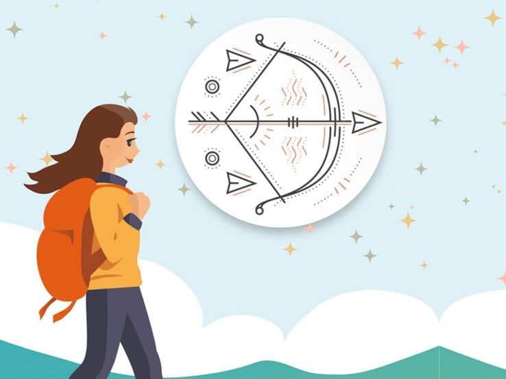 Illustration einer Frau mit einem Rucksack, die vor einem Symbol des Schützen-Sternzeichens steht. Um sie herum funkeln kleine Sterne am Himmel, was eine abenteuerliche und optimistische Atmosphäre vermittelt, passend zur Energie des Schützen.