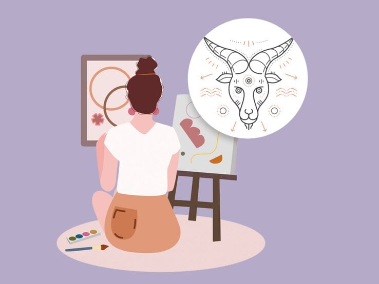 Eine Illustration einer Frau mit dunklem, hochgestecktem Haar sitzt auf dem Boden und malt an einer Staffelei. Neben ihr stehen Malutensilien wie Farben und Pinsel. Im Bild ist ein überlagerter Kreis mit einem minimalistischen Steinbock-Symbol zu sehen, das das Sternzeichen Steinbock darstellt. Der Hintergrund ist in einem beruhigenden Lavendelton gehalten, was eine entspannte, kreative Atmosphäre vermittelt.