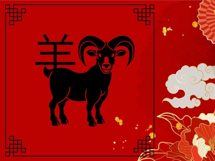 Ein stilisiertes Bild in kräftigem Rot mit einem schwarzen Symbol der Ziege, das eines der 12 chinesischen Tierkreiszeichen darstellt. Das dazu passende chinesische Schriftzeichen ist oben links zu sehen, umgeben von dekorativen, traditionellen Mustern, goldenen Wolken und floralen Elementen. | © GeoImages, chomphu's Images und vectortwins via Canva.com [M]