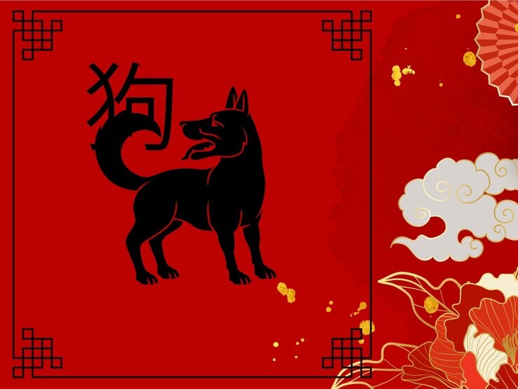 Ein stilisiertes Bild in kräftigem Rot mit einem schwarzen Symbol des Hundes, das eines der 12 chinesischen Tierkreiszeichen darstellt. Das dazu passende chinesische Schriftzeichen ist oben links zu sehen, umgeben von dekorativen, traditionellen Mustern, goldenen Wolken und floralen Elementen. | © GeoImages, chomphu's Images und vectortwins via Canva.com [M]