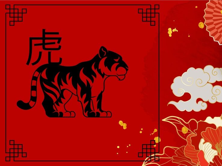 Ein stilisiertes Bild in kräftigem Rot mit einem schwarzen Symbol des Tigers, das eines der 12 chinesischen Tierkreiszeichen darstellt. Das dazu passende chinesische Schriftzeichen ist oben links zu sehen, umgeben von dekorativen, traditionellen Mustern, goldenen Wolken und floralen Elementen. | © GeoImages, chomphu's Images und vectortwins via Canva.com [M]