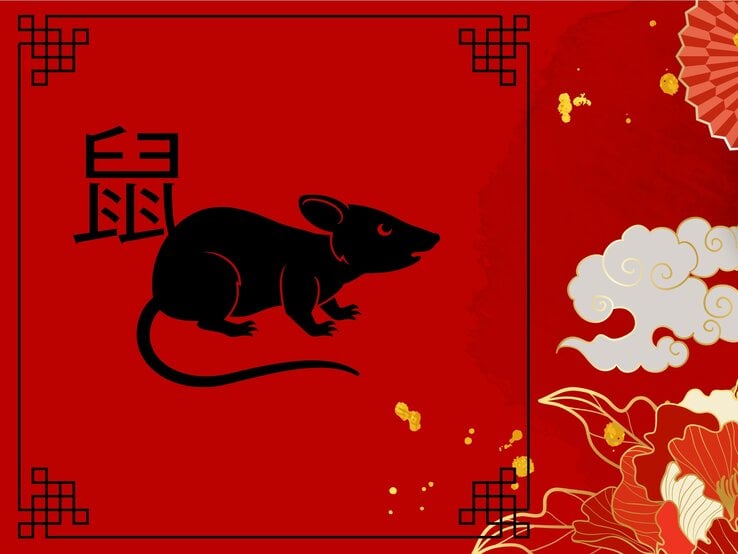 Ein stilisiertes Bild in kräftigem Rot mit einem schwarzen Symbol der Ratte, das eines der 12 chinesischen Tierkreiszeichen darstellt. Chinesische Schriftzeichen für die Ratte sind oben links zu sehen, umgeben von dekorativen, traditionellen Mustern, goldenen Wolken und floralen Elementen. | © GeoImages, chomphu's Images und vectortwins via Canva.com [M]