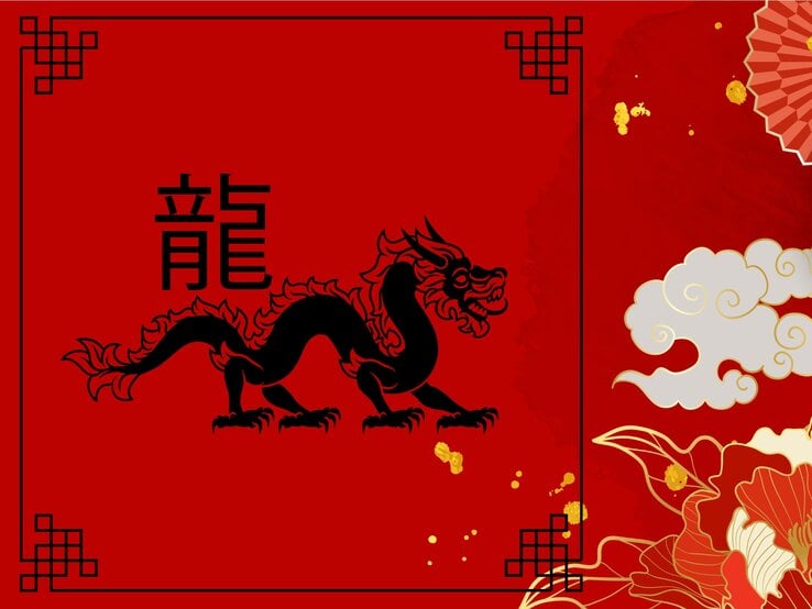 Ein stilisiertes Bild in kräftigem Rot mit einem schwarzen Symbol des Drachen, das eines der 12 chinesischen Tierkreiszeichen darstellt. Das dazu passende chinesische Schriftzeichen ist oben links zu sehen, umgeben von dekorativen, traditionellen Mustern, goldenen Wolken und floralen Elementen. | © GeoImages, chomphu's Images und vectortwins via Canva.com [M]