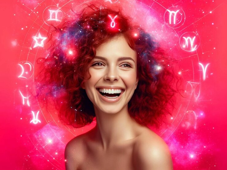 Eine fröhliche Frau mit roten Locken und astrologischen Symbolen um sie herum. Ihre Haare scheinen vor einem hellen rosa Hintergrund zu leuchten, was ihr ein ätherisches Aussehen verleiht.