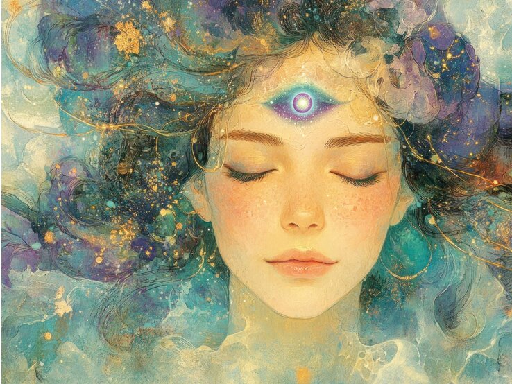kw-12-wochenhoroskop-2025.jpg Eine künstlerische Illustration einer Frau mit geschlossenen Augen, umgeben von einem verträumten, himmlischen Hintergrund in Blau- und Goldtönen. Ihr Haar fließt wie eine Galaxie mit funkelnden Sternen und goldenen Lichtpunkten. Auf ihrer Stirn leuchtet ein geöffnetes drittes Auge, das spirituelle Weisheit und Intuition symbolisiert. Die Szene strahlt eine mystische, meditative und beruhigende Atmosphäre aus.