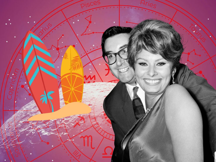 kw-35-liebeshoroskop-25-august.webp Vintage-Foto eines lachenden Paares, die Frau trägt ein elegantes Kleid, der Mann eine Brille und Anzug. Dahinter ein astrologischer Sternzeichenkreis und farbenfrohe Surfbretter als Collage-Elemente.
