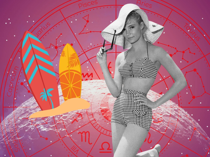kw-35-wochenhoroskop-25-august.webp Schwarz-weiß Foto einer Frau im Retro-Bikini mit großem Sonnenhut und Sonnenbrille in der Hand. Hintergrund: astrologischer Sternzeichenkreis mit pinkem Farbverlauf und zwei illustrativen Surfbrettern.
