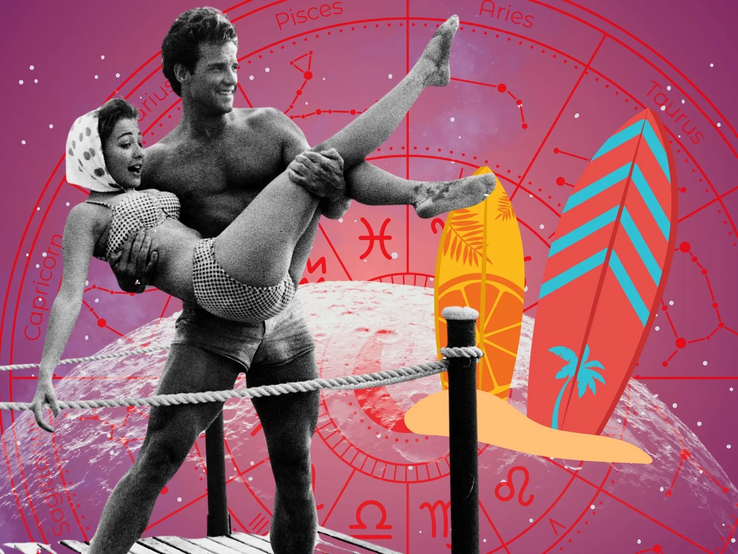 kw-35-flirthoroskop-25-august.webp Retro-Strandszene in Schwarz-Weiß: Ein Mann hebt eine Frau im Bikini lachend in die Höhe. Im Hintergrund ein bunter astrologischer Sternzeichenkreis mit Surfbrettern als grafische Elemente.