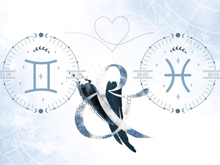 Die astrologischen Symbole der Sternzeichen Zwillinge und Fische vor einer hellblauen Aquarellzeichnung.