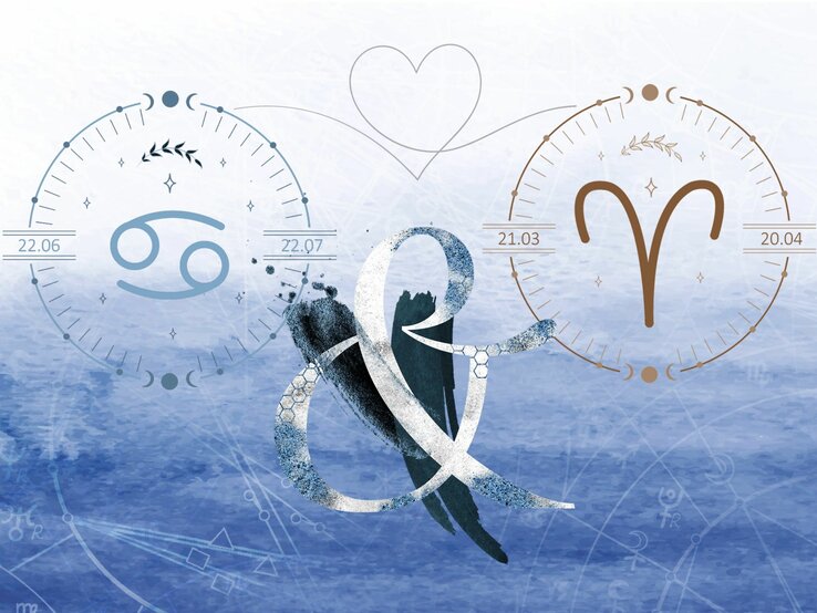 Die astrologischen Symbole der Sternzeichen Krebs und Widder vor einer hellblauen Aquarellzeichnung.
