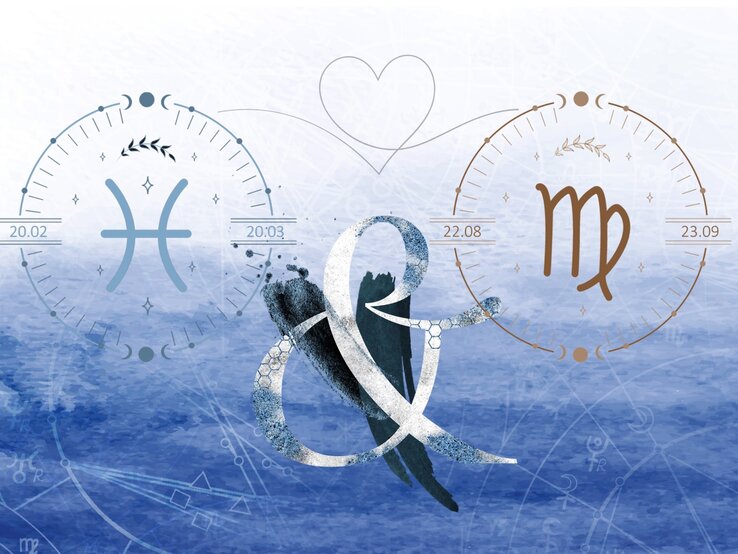 Die astrologischen Symbole der Sternzeichen Fische und Jungfrau vor einer blauen Aquarellzeichnung.