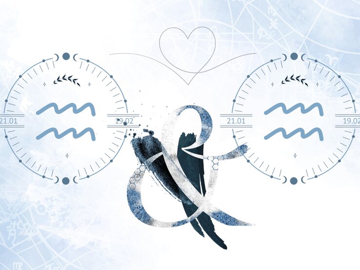 Die astrologischen Symbole des Sternzeichens Wassermann vor einer blauen Aquarellzeichnung.