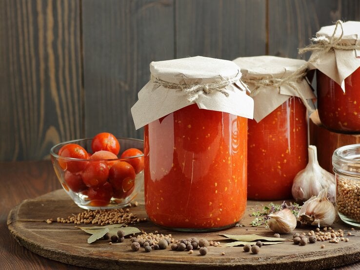 Mehrere Gläser mit eingekochter Tomate auf einem dunklen Holztisch mit Gewürzen und frischen Kirschtomaten von der Seite fotografiert.