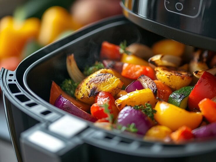 Ein Airfryer gefüllt mit verschiedenen Gemüsesorten. 