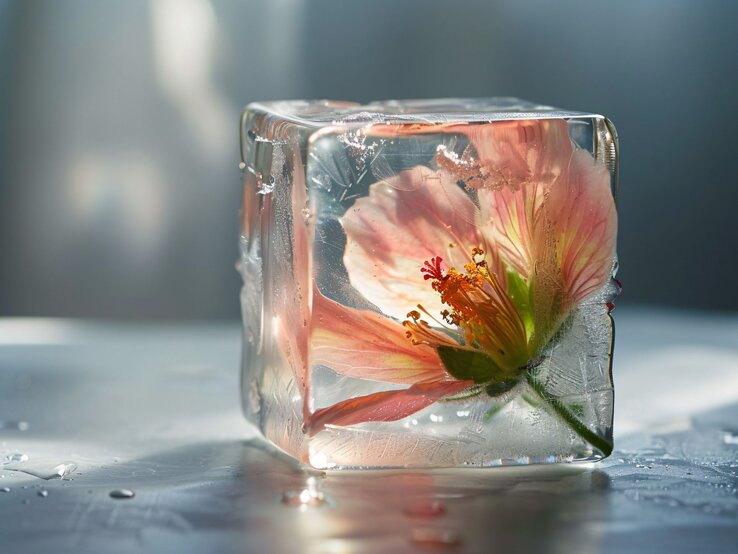 Nahaufnahme einer rosa Blume, die in einem transparenten Eiswürfel eingeschlossen ist und auf einem nassen Tisch liegt.