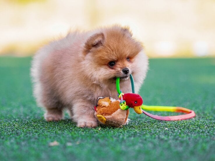 Ein flauschiger Pomeranian-Welpe trägt ein buntes Entenspielzeug auf einer grünen Wiese im Sonnenschein.