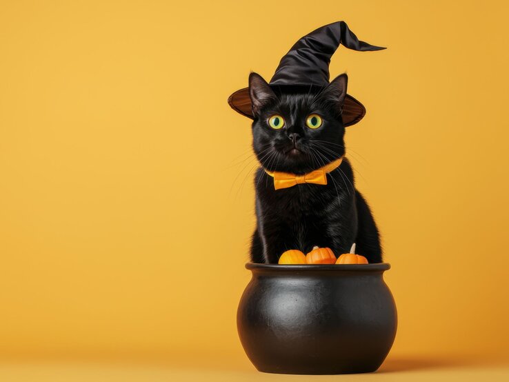 Eine schwarze Katze mit Hexenhut und orangefarbener Fliege sitzt in einem schwarzen Hexenkessel, umgeben von kleinen Kürbissen vor gelbem Hintergrund.