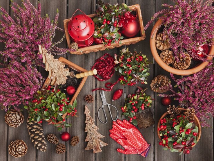 Bastelzubehör mit Holzbaum, roten Beeren, Schere, Zapfen und roter Laterne, umgeben von blühendem Heidekraut.