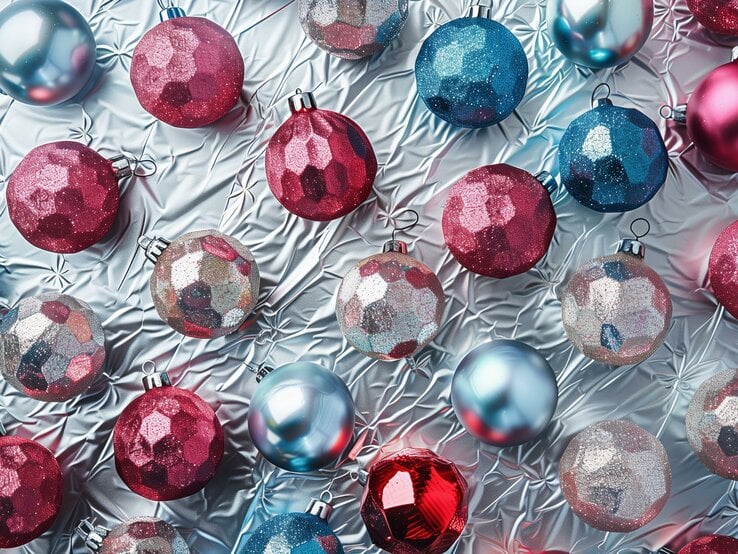 Glänzende Weihnachtskugeln in Rot, Blau und Silber liegen dekorativ auf zerknitterter Alufolie.