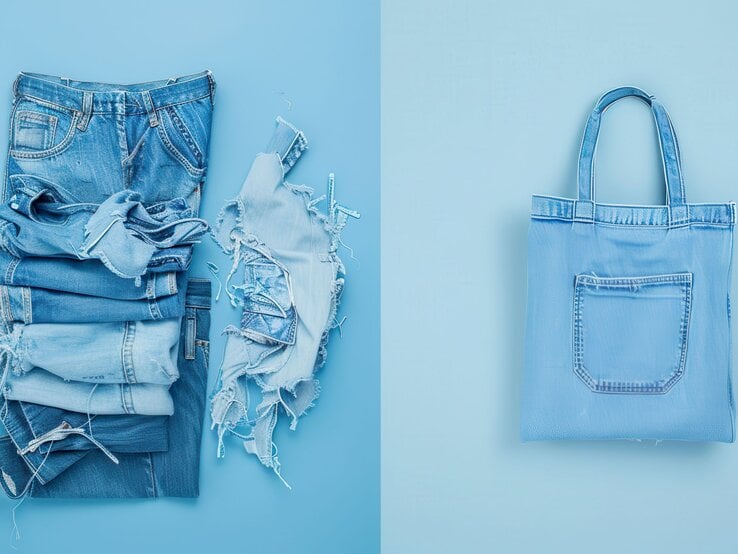 Ein Stapel gefalteter, zerrissener Jeans in verschiedenen Blautönen liegt auf einer blauen Fläche, daneben eine helle Denim-Tasche.