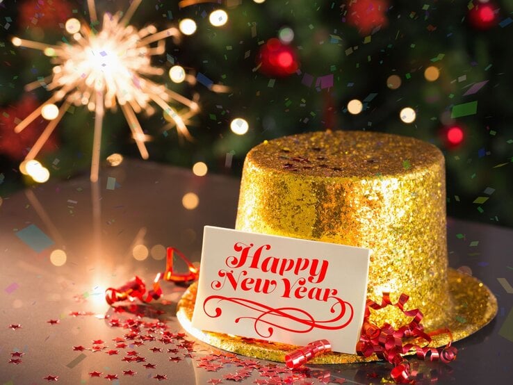 Ein glitzernder goldener Hut mit einer „Happy New Year“-Karte, roten Schleifen und Sternkonfetti vor einem leuchtenden Wunderkerzenhintergrund.