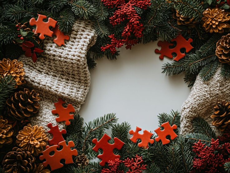 Rote Puzzleteile liegen dekorativ zwischen Tannenzweigen, roten Beeren, goldenen Zapfen und einer grob gestrickten beigen Decke.