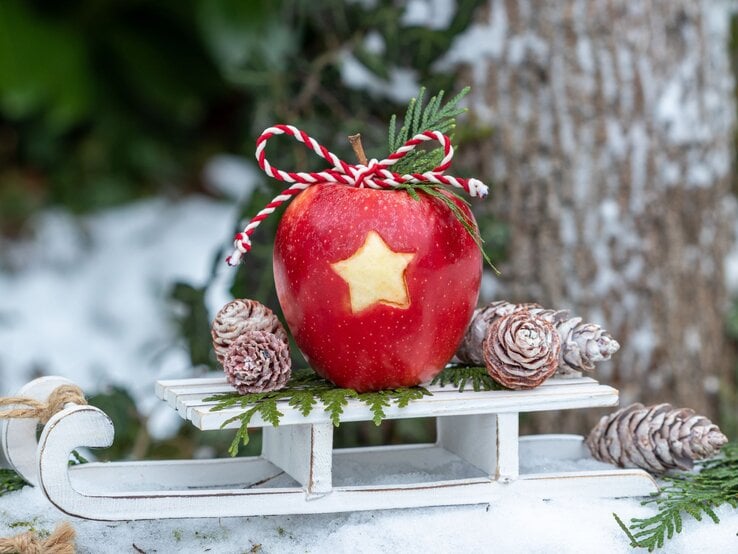 Ein roter Apfel mit ausgestochener Sternform und rot-weißer Kordel liegt auf einem weißen Schlitten, umgeben von Tannenzweigen und frostigen Zapfen.