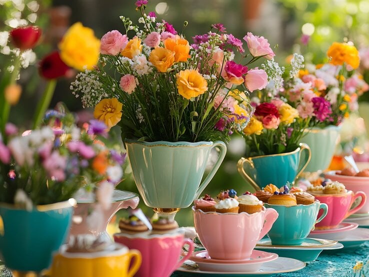 Bunte Porzellantassen mit üppigen Blumensträußen und dekorierten Cupcakes stehen auf einem sommerlich gedeckten Tisch im Garten.