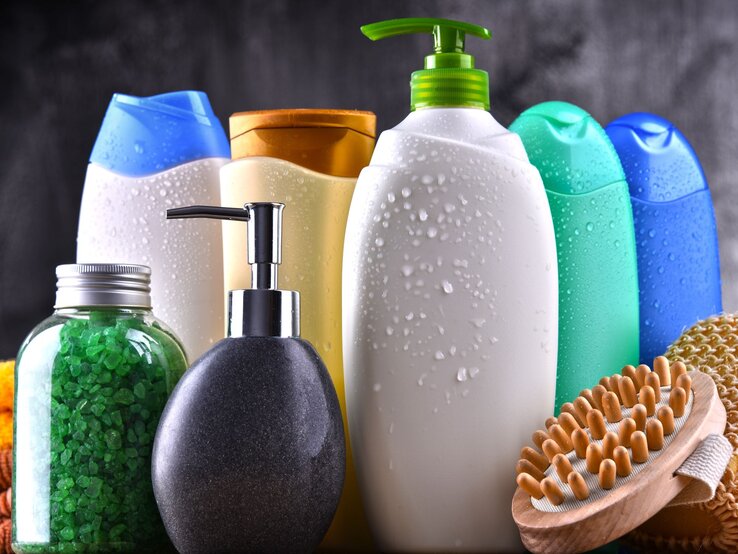 Verschiedene bunte Duschgel- und Shampoo-Flaschen mit Wassertropfen, ein Glas mit grünen Badesalzkristallen und eine Holzmassagebürste auf dunklem Hintergrund.