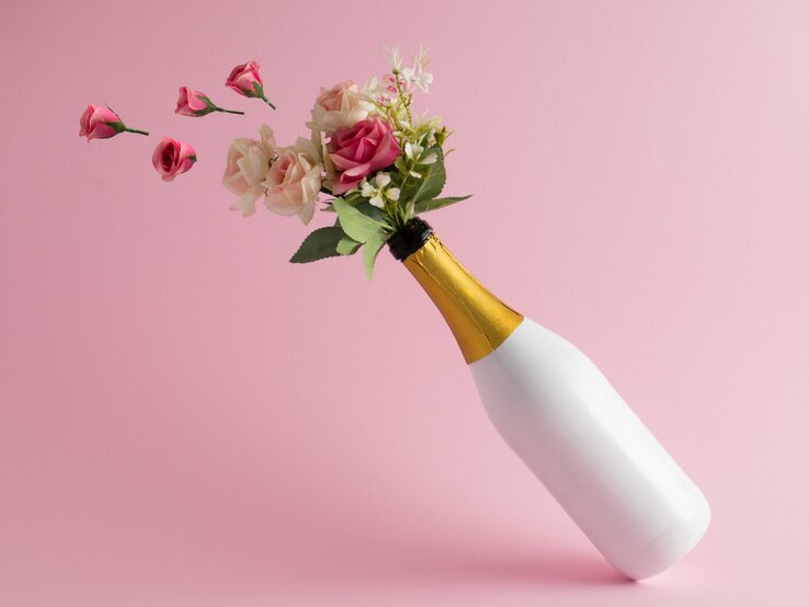 Ein kreatives Blumenbouquet mit rosa und cremefarbenen Rosen in einer Sektflasche auf minimalistischem rosa Hintergrund.