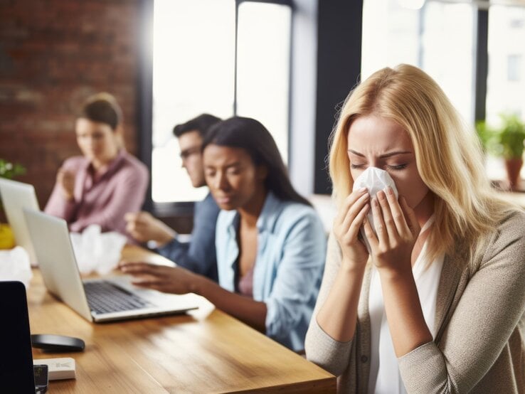 Eine junge blonde Frau mit Taschentuch niest an einem Schreibtisch in einem Büro, im Hintergrund arbeiten drei weitere Personen an Laptops.