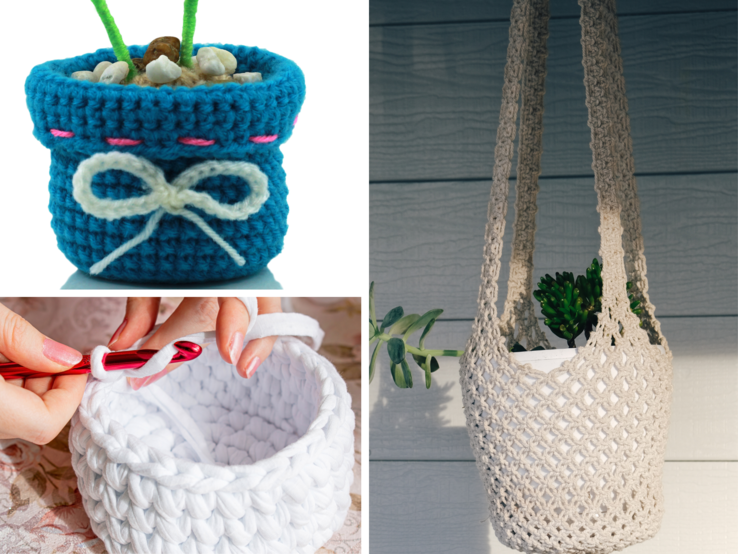 Collage Übertöpfe häkeln Hängender Häkelübertopf mit Topfpflanze vor hellgrauer Holzfassade, daneben zwei weitere bunte Häkelkörbe.
